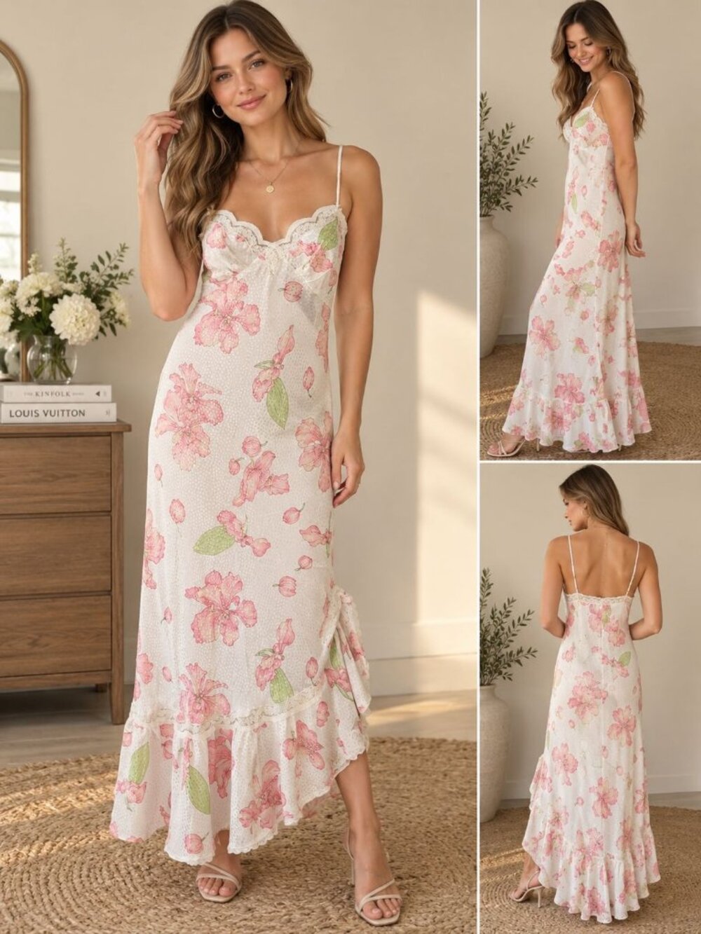 Vintage 1990s Valentino Intimo ivory floral bias-cut maxi slip dress Size M
